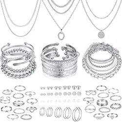 FAXHION 68 Pcs Gold Jewelry Set for Women with 7 Necklace, 17 Bracelet, 5 Hoop Earrings, 15 Stud Earrings, 24 Knuckle Rings for Women Jewelry Set for Women