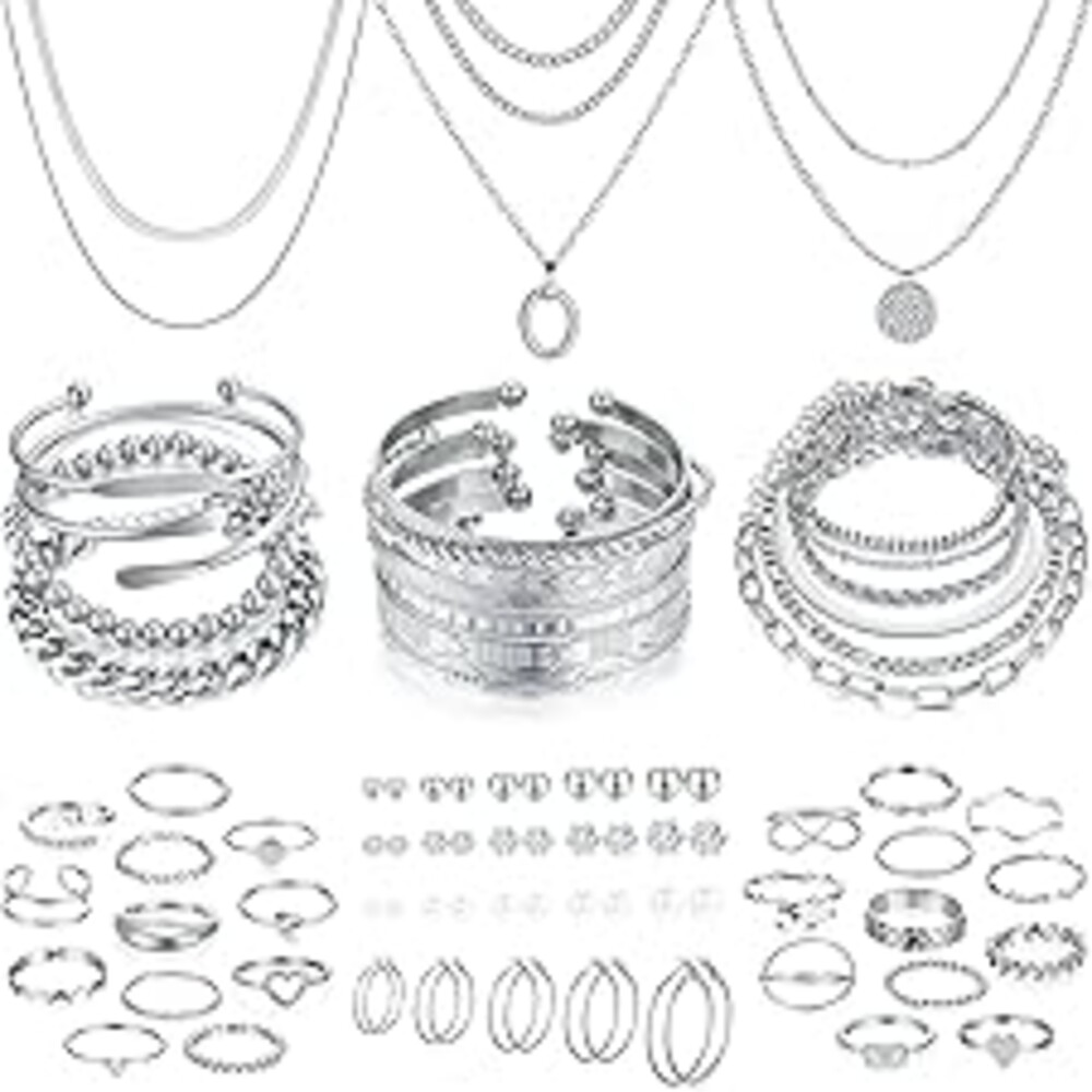 FAXHION 68 Pcs Gold Jewelry Set for Women with 7 Necklace, 17 Bracelet, 5 Hoop Earrings, 15 Stud Earrings, 24 Knuckle Rings for Women Jewelry Set for Women