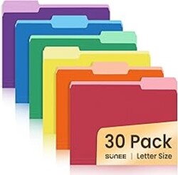 SUNEE File Folders, 30 Pack Manilla Folders 8.5 x 11, Colored File Folders Home Office School Supplies for Documents Files Paper, 6 Assorted Colors