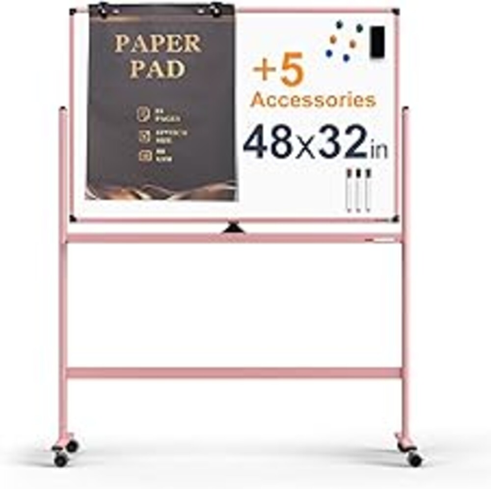 Large Dry-Erase Rolling Magnetic Whiteboard - 48 x 32 Inches Dry Erase Board with Stand Height Adjust Double Sides Mobile White Board Easel on Wheels with 25 Sheets Paper Pad Office, Home & Classroom