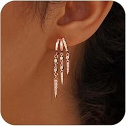 SELSHE Dangle Earrings for Women,14k Gold Plated Triple Huggie Stud Earrings Cute Statement Chain Earring Dainty Drop Earrings for Women Trendy Gold Plated Jewelry