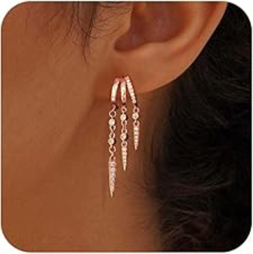 SELSHE Dangle Earrings for Women,14k Gold Plated Triple Huggie Stud Earrings Cute Statement Chain Earring Dainty Drop Earrings for Women Trendy Gold Plated Jewelry