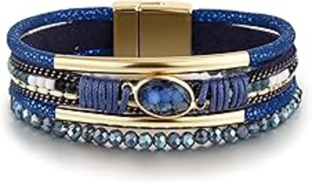 Edoneery Leather Wrap Bracelet for Women, Boho Handmade Multi-Layer Cuff with Crystal Beads Heart, Stackable Bangle Western Jewelry Gift