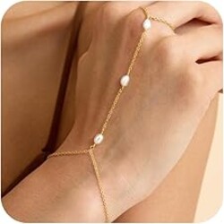 NECOCY 14K Gold Plated Pearl Bracelets for Women, Dainty Bracelets Stack Trendy Pearls Beaded Link Chain Charm Bracelets Set Layered Tiny Wedding Prom Jewelry Gift for Women Mother's Day Graduation