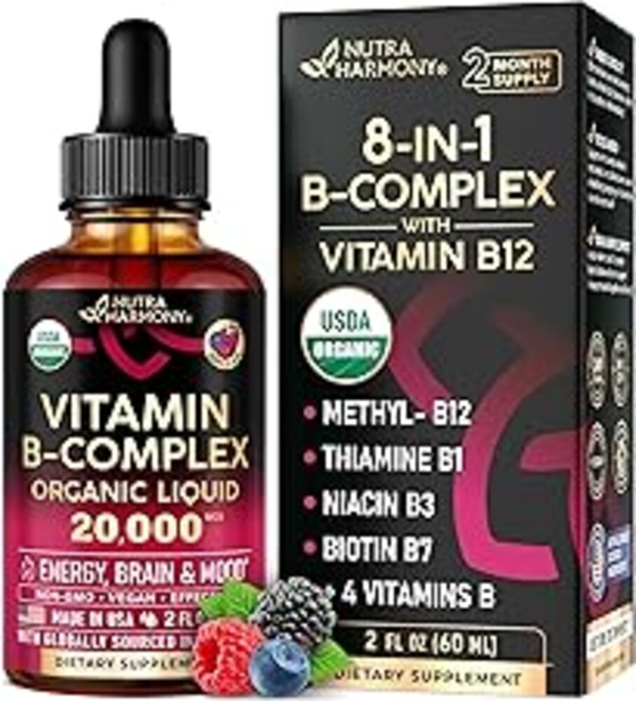 USDA Organic Vitamin B-Complex B5 Pantothenic Acid | B12 Methylcobalamin | B1 Thiamine | B6 Pyridoxine | B7 Biotin | B9 Folic | B3 Niacinamide - B Complex Liquid Drops, Made in USA Supplement, 2fl oz