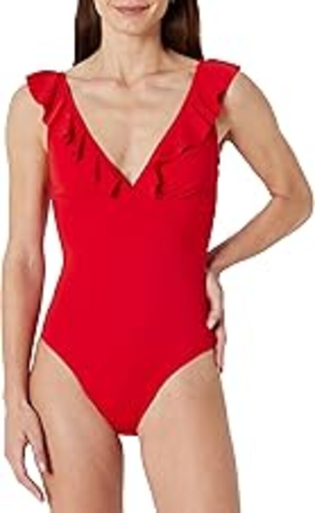 Amazon Essentials Women's Ruffle V-Neck One-Piece Swimsuit