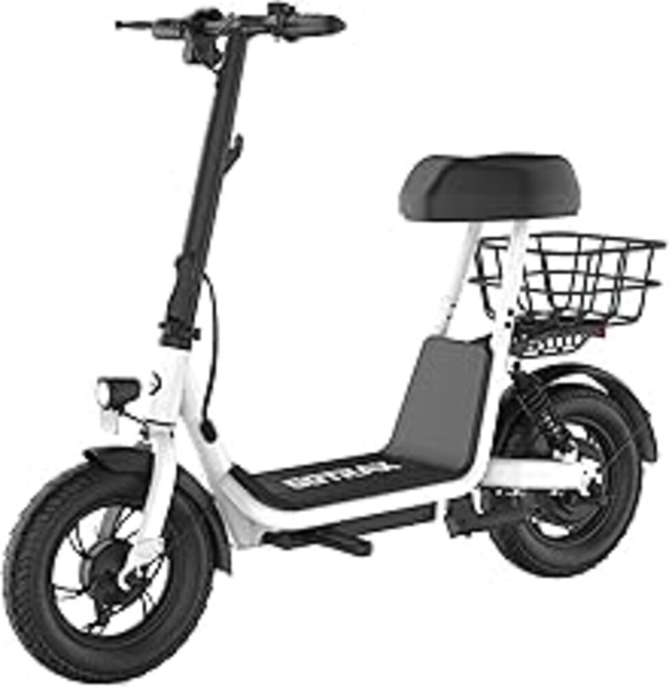 Gotrax A5 Electric Scooter w/Seat for Adults, 12" Pneumatic Tire, Max 15.5 Miles&15.5 Mph Power by 400W Motor, Dual Rear Shock Absorber&Dual Brake, Comfortable Wider Seat&Carry Basket&Hook, White