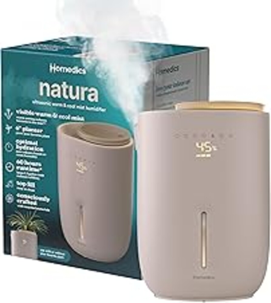 Homedics Natura Ultrasonic Warm & Cool Mist Humidifier, 1.3-Gal for Large Rooms, 60-Hr Runtime, Plant Holder, Programmable Humidity, Auto Shutoff, Nightlight Small Pot Compatible(Plant Not Included)