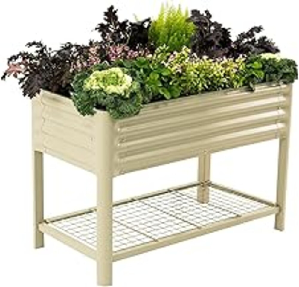 Elevated Raised Garden Bed-V Series, 2' x 4' Garden Beds with Legs & Storage Rack for Patio Porch, 700 Lbs Weight Capacity, Outdoor Planter Boxes for Gardening Herbs Vegetables Flowers, Pearl White