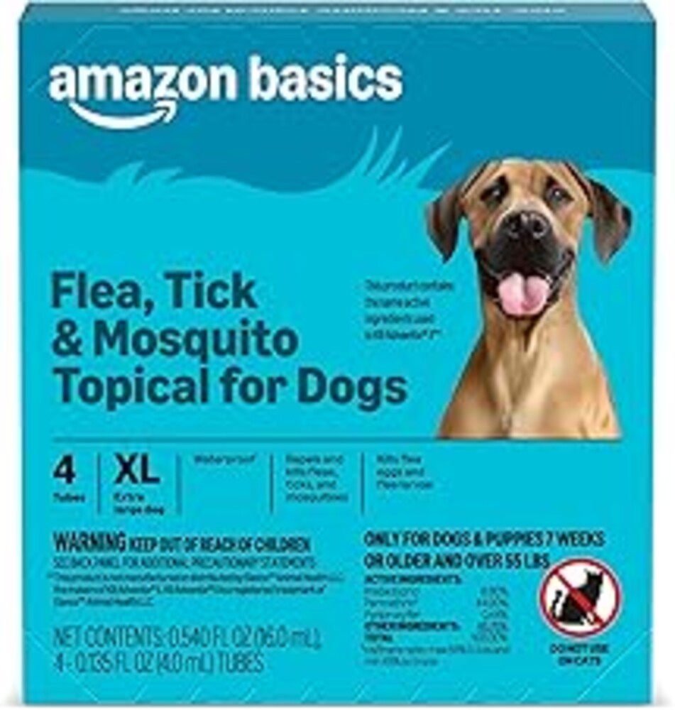 Amazon Basics Preventative Flea, Tick & Mosquito Topical Treatment for X-Large Dog (Over 55 Pounds), 4 Count, Packaging May Vary