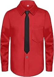 MagicSite Boys Long Sleeve Button-Down Dress Shirts with Tie: 2 Fabrics (Stretch/Standard) & 2 Fits (Regular/Husky)