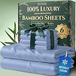 DECOLURE 100% Viscose Derived from Bamboo Sheets Queen Size - Luxury 6 Pc Naturally Cooling Sheets, Ultra Soft Bed Set - Deep 17" Pockets, Durable Double Stitching, Oeko Tex Standard (Light Blue)