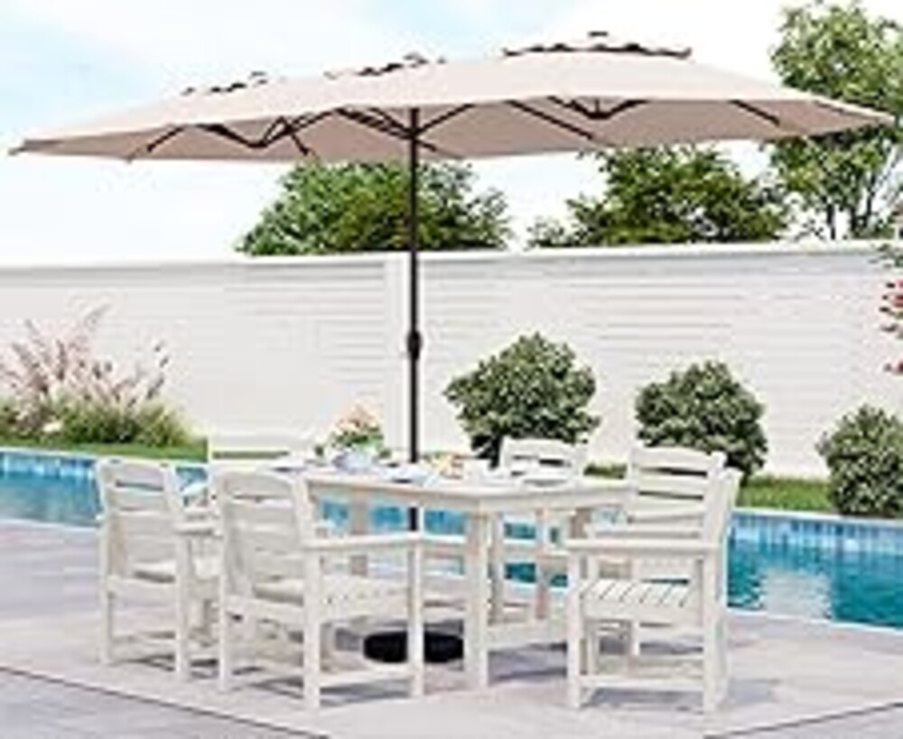 SERWALL 8-Piece Patio Dining Sets with 15FT Double Side Patio Umbrella, Outdoor HDPE Dining Furniture Set with Umbrella Hole Cut-Out Table and 6 Chairs, White（Umbreall Base not Included）