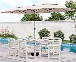 SERWALL 8-Piece Patio Dining Sets with 15FT Double Side Patio Umbrella, Outdoor HDPE Dining Furniture Set with Umbrella Hole Cut-Out Table and 6 Chairs, White（Umbreall Base not Included）