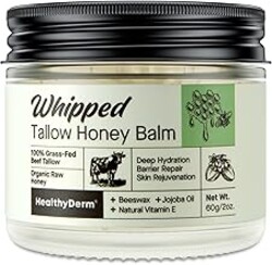 Beef Tallow Honey Balm for Skin: 100% Grass Fed Whipped Organic Moisturizer with Organic Raw Honey, Jojoba Oil, Vitamin E – Natural Face and Body Care for Mature, Dry or Sensitive Skin, 2oz