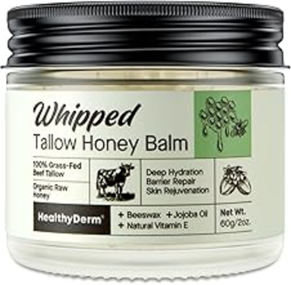 Beef Tallow Honey Balm for Skin: 100% Grass Fed Whipped Organic Moisturizer with Organic Raw Honey, Jojoba Oil, Vitamin E – Natural Face and Body Care for Mature, Dry or Sensitive Skin, 2oz