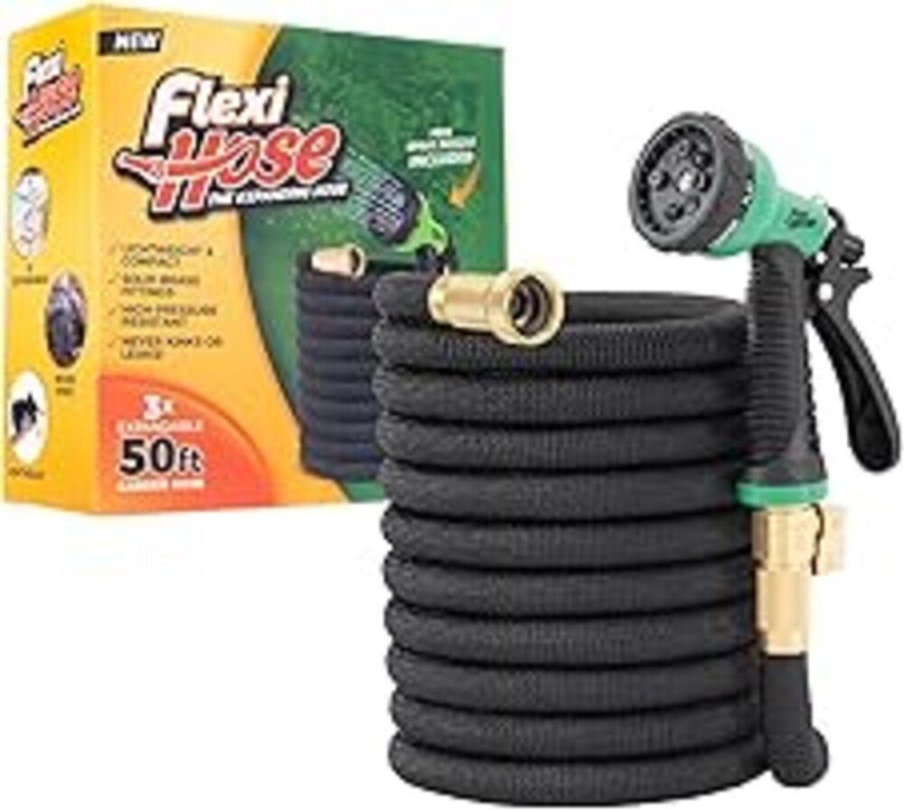Flexi Hose Expandable Garden Hose with 8 Function Nozzle, 50FT - Lightweight Retractable Garden Hose, Water Hose - No-Kink Flexibility, 3/4 Inch Solid Brass Fittings and Double Latex Core