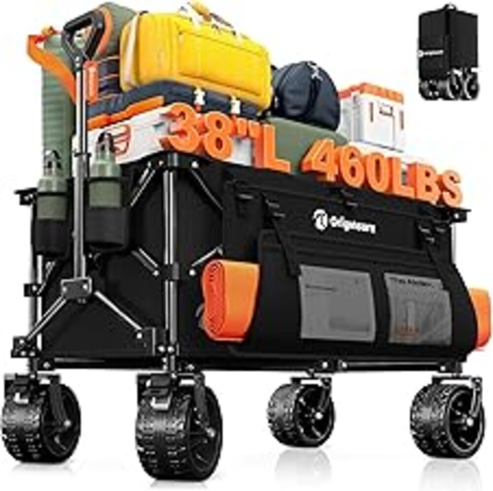 Originsure 38"L Collapsible Wagon Cart Foldable, 460lbs Weight Capacity 220L Heavy Duty Folding Beach Wagons with Big All-Terrain Wheels, Utility Carts for Groceries, Shopping, Camping, Sports - Black