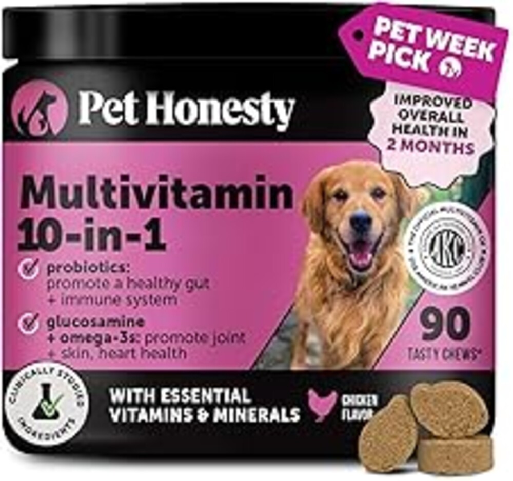 10-in-1 Dog Multivitamin Supplement with Glucosamine & Probiotics - Hip & Joint Support, Digestive Health, Immune Support, Heart & Skin - All-in-One Daily Vitamins & Omega-3s for Dogs (Chicken, 90 Ct)