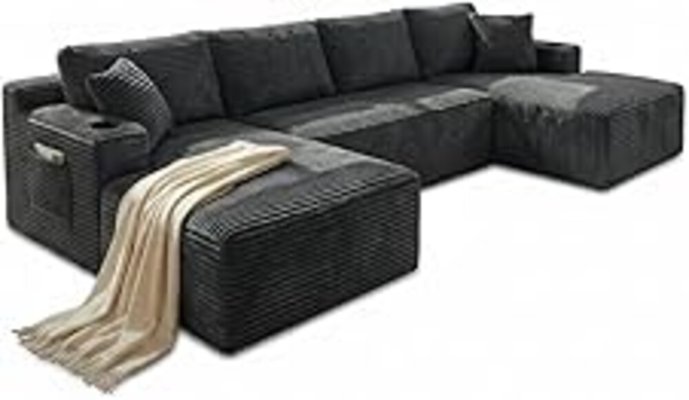133" Oversized Cloud Boneless Sofa Couch with Chaise, Modern Corduroy U Shaped Modular Sectional Sofa with Deep Seat, Comfy Couch with Cupholders and Storage, No Assembly Required-Grey