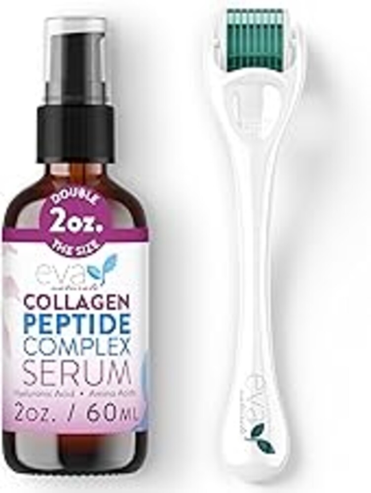 Eva Naturals Peptides Serum for Face + Derma Roller Kit - Anti Aging Microneedling Set for Wrinkles & Collagen Boost - 0.25mm Titanium Microneedle Roller for Face & Scalp Hair Growth