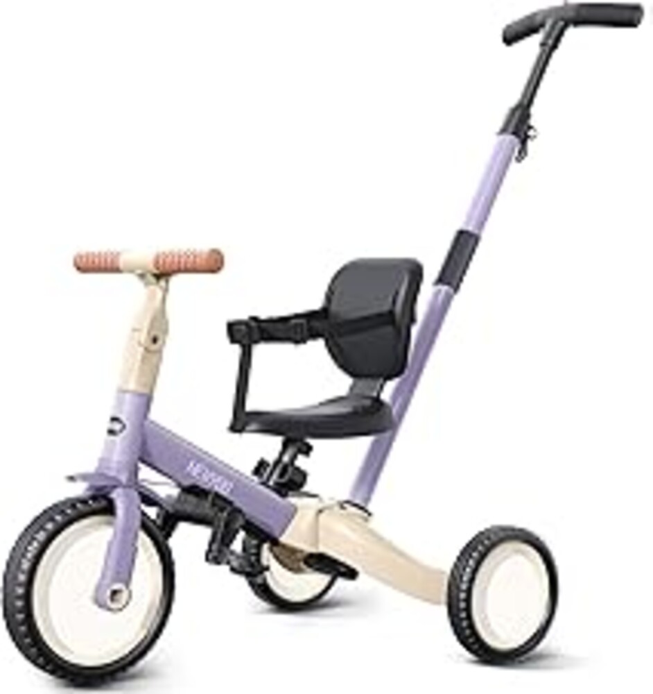 newyoo Toddler Tricycle with Push Handle for 1-3 Year Old, Toddler Bike, Birthday Toy for Boys and Girls, 5 in 1 Kids Trike, Balance Bike with Backrest and Safety Belt, Purple, TR007
