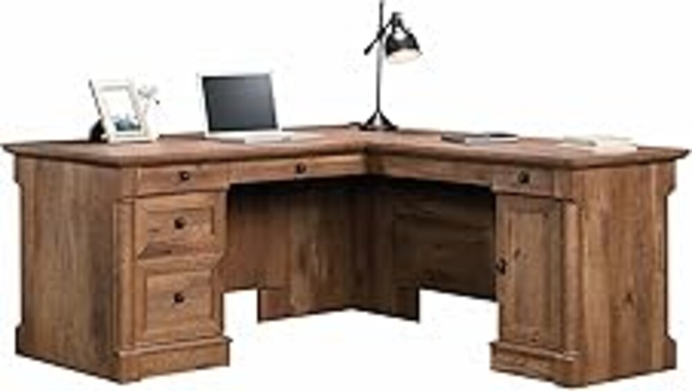 Sauder Palladia L Shaped Desk with Drawers, Office Desk with File Cabinet Storage, Cable Management, Keyboard Tray, in Vintage Oak Finish