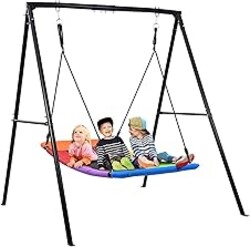Trekassy Swing Sets for Backyard, 440lbs Heavy Duty A-Frame Metal Stand with 60" Large Platform Swing for Outdoor Playground Park (Black Frame + Rainbow Swing)（Patented）