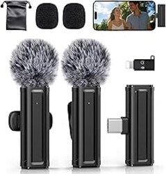 Wireless Mini Microphone for iPhone, iPad, Android, 2 Pack Lavalier Mic with 360° Rotatable Clip, Plug and Play Noise Reduction USB-C Mic for Video Recording YouTube TikTok Podcast Content Creators