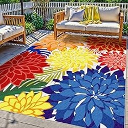 Colorful 9x12 Outdoor Area Rug Washable Multicolored Patio Rug Tropical Botanical Floral Chenille Waterproof Outdoor Carpet Non-Slip for Deck, Backyard, Porch, Rainbow