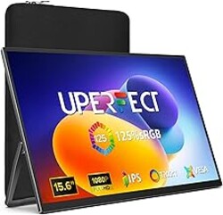 UPERFECT Portable Monitor 15.6", 125% sRGB Ultra-Slim Laptop Monitor with Protective Sleeve, Built-in Adjustment Stand | Speaker | VESA, HDMI USB-C Plug & Play Second Screen for Phone Game Console