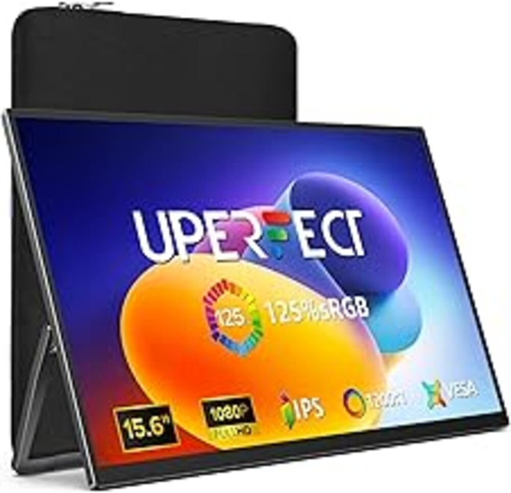 UPERFECT Portable Monitor 15.6", 125% sRGB Ultra-Slim Laptop Monitor with Protective Sleeve, Built-in Adjustment Stand | Speaker | VESA, HDMI USB-C Plug & Play Second Screen for Phone Game Console
