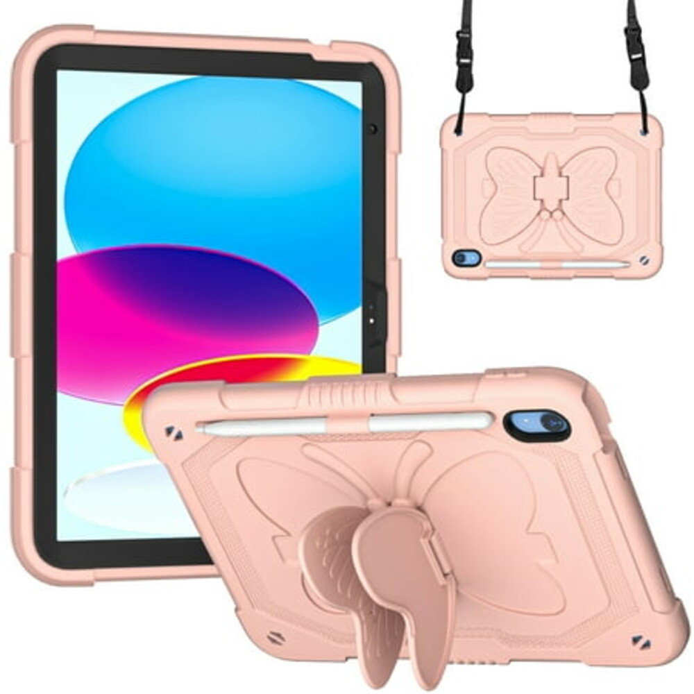 iPad 10th Generation 10.9 Inch 2022 Case with Kickstand Butterfly Wings Pencil Holder, TECH CIRCLE Heavy Duty Hard Rugged Protective Kids Girls Cover for iPad 10th Gen 10.9 Inch 2022,Pink