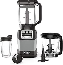 Ninja Compact Kitchen System, Auto-iQ, 1200W, 72oz Pitcher, Grey, AMZ493BRN | 3 functions for smoothies, dough & frozen drinks with Auto-iQ. 72-oz pitcher, 40-oz processor bowl, 18-oz cup.
