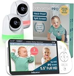 Babysense PRO Full HD 5.5" Split Screen Baby Monitor with 2 Cameras, 6-Color Night Light, White Noise, Sound & Light Machine, 20-Hour Battery, Hack-Proof Non-WiFi Secure Connection