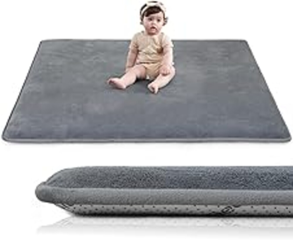 Huloo Sleep Baby Play Mat for Floor,1.3" Thick Elasti-Foam 50"×50" Playpen Mat for Tummy Time,Non-Toxic Certified Water Repellent Soft Coral Velvet for Toddler,Infant,Kids,Non-Slip Backing Safe for Crawling(Dark Grey)