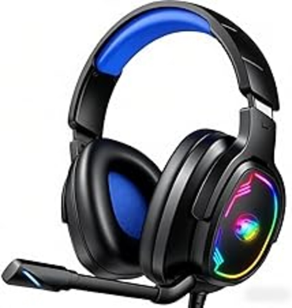 Jimonyer Gaming Headset with Microphone, 7.1 Surround Sound and Noise Canceling Over Ear Headphones for PC/PS4/PS5/Xbox Series/Switch, RGB Light and Soft Imitation Protein Earmuffs (Blue)
