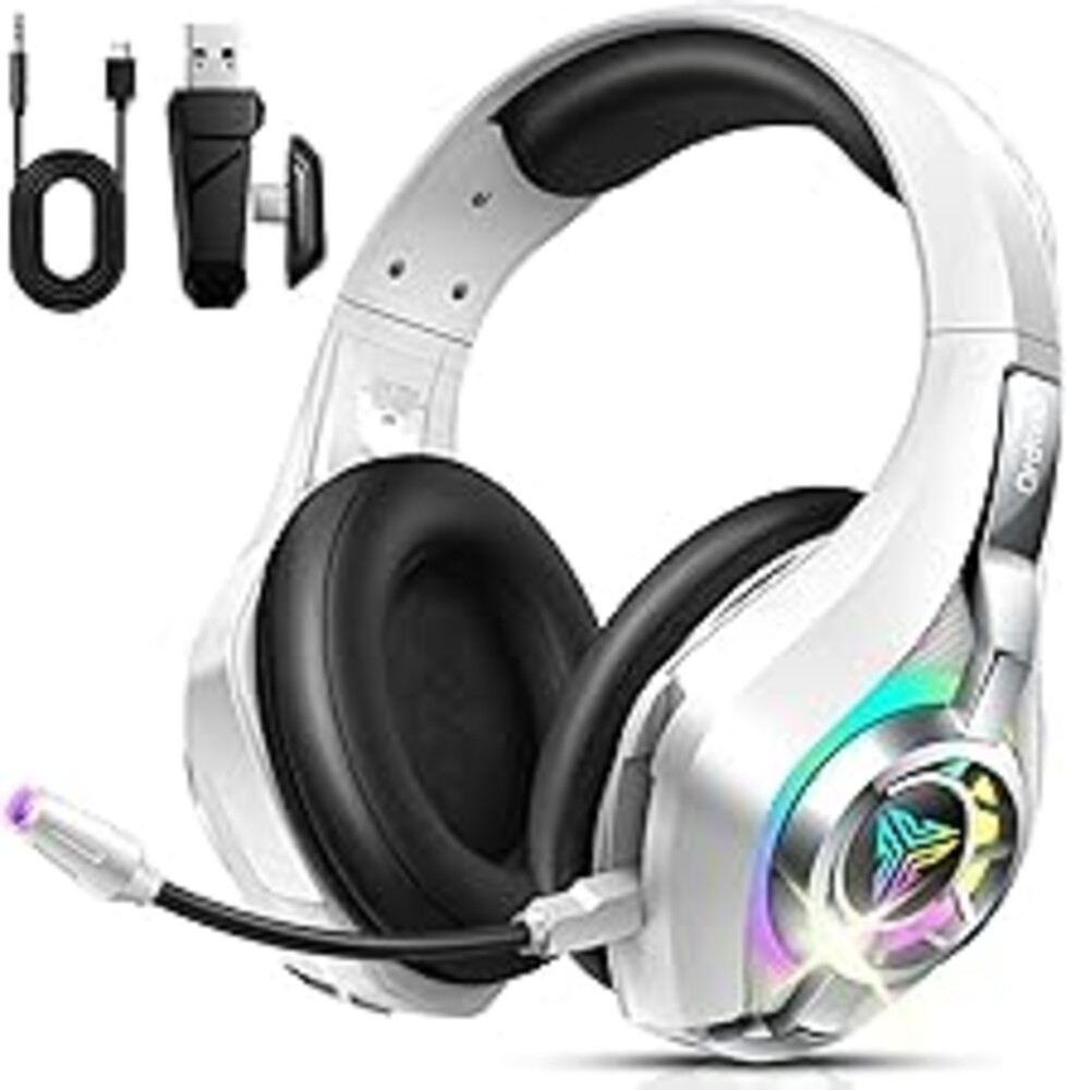 2.4GHz Wireless Gaming Headsets for PS5/PS4/PC/Switch/Xbox, RGB Noise Cancelling Over-Ear Headphones with 7.1 Surround Sound, 40mm Drivers, 276g Ultraligero, Memory Foam, 45H Gaming Headphones White
