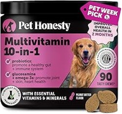 10-in-1 Dog Multivitamin Supplement with Glucosamine & Probiotics - Hip & Joint Support, Digestive Health, Immune Support, Heart & Skin - All-in-One Daily Vitamins & Omega-3s (Peanut Butter, 90 ct)