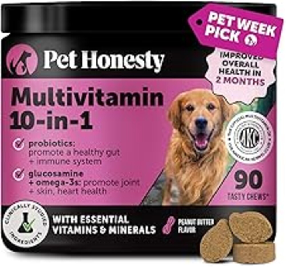 10-in-1 Dog Multivitamin Supplement with Glucosamine & Probiotics - Hip & Joint Support, Digestive Health, Immune Support, Heart & Skin - All-in-One Daily Vitamins & Omega-3s (Peanut Butter, 90 ct)