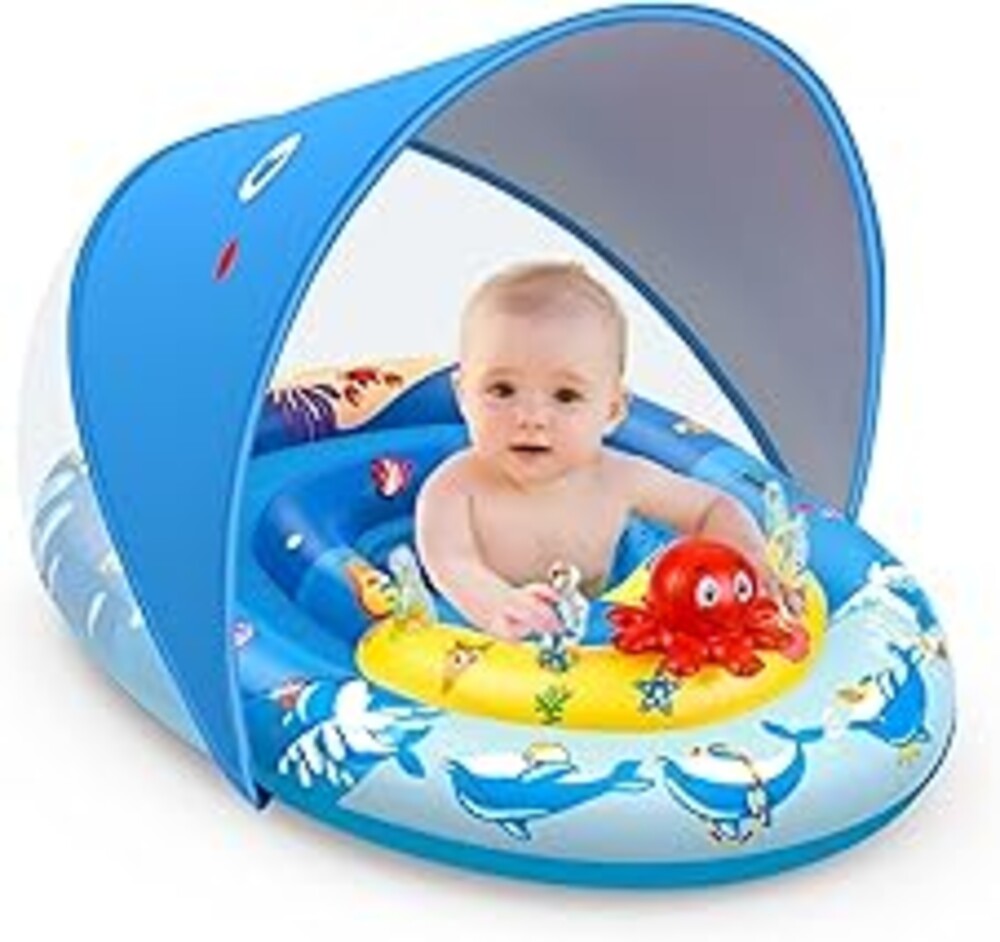 EZIGO Baby Pool Float with Canopy UPF50+ Sun Protection, Inflatable Kids Pool Floats with Ocean Animal Toys for Baby 6-36 Months, Infant Swimming Float with Adjustable Safety Seat for Boys Girls