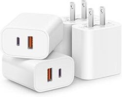 [4 Pack] 20W USB C Charger Block Fast Charging Multiport Adapter | PD 20W USB-C & QC 3.0 USB-A dual ports, compact travel charger for iPhone 17/16/15/14/13/12/11/X, iPad, Galaxy, Google & more