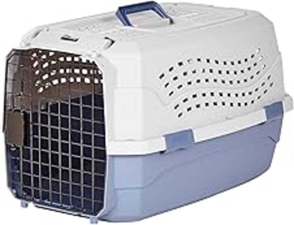 Amazon Basics Sturdy Portable 2-Door Top-Load Hard-Sided Pet Travel Carrier with Secure Ventilation, Handle, Front & Top Entry for Dogs, Cats, 22.8"L x 15"W x 13"H, Gray & Blue