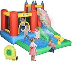 Outsunny 6-in-1 Kids Bounce House Inflatable Water Slide with Pool, Water Cannon, Climbing Wall, Inflator Included, Jumping Castle Kids Backyard Activity Outdoor Water Play Toy