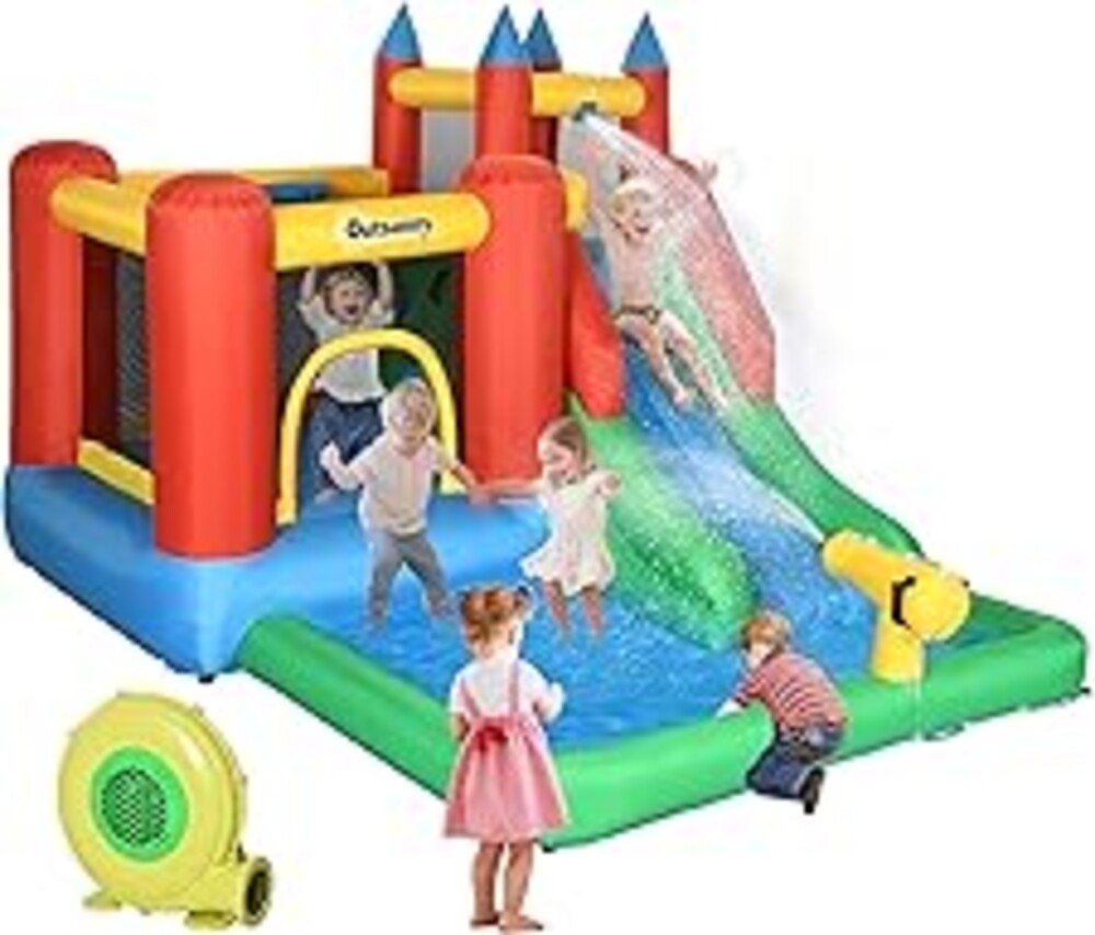 Outsunny 6-in-1 Kids Bounce House Inflatable Water Slide with Pool, Water Cannon, Climbing Wall, Inflator Included, Jumping Castle Kids Backyard Activity Outdoor Water Play Toy