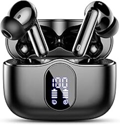 Wireless Earbuds, Bluetooth 5.4 Headphones Bass Stereo, Ear Buds with Noise Cancelling Mic, LED Display in Ear Earphones Clear Calls, IP7 Waterproof Bluetooth Earbuds for Phones/Sports/Laptop, Black
