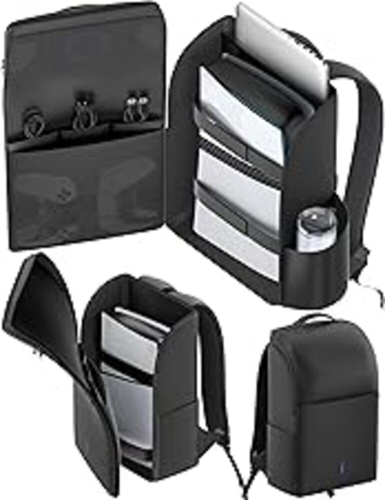 Backpack for PS5/ Slim/ Pro Console, Fully Zip-Open PS5 Carrying Case Travel Bag, Large Capacity PS 5 Storage Bag for Dual Controllers,PS Portal, Laptop, Game Cards, Backpack with 3 Cable Pouch,Black