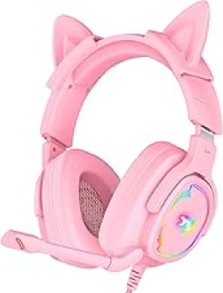 Jimonyer Gaming Headset with Microphone, 7.1 Surround Sound and Noise Canceling Over Ear Headphones for PC/PS4/PS5/Xbox Series/Switch, RGB Light and Soft Imitation Protein Earmuffs (PinkCat)