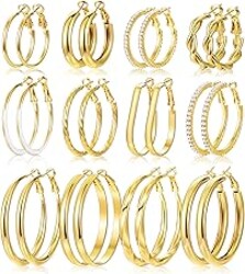 12 Pairs Gold Hoop Earrings Set for Women, Lightweight Big/Large Hoop Earrings Multipack, Hypoallergenic Gold Hoops Earrings Pack for Jewelry Gift 30mm/40mm/50mm