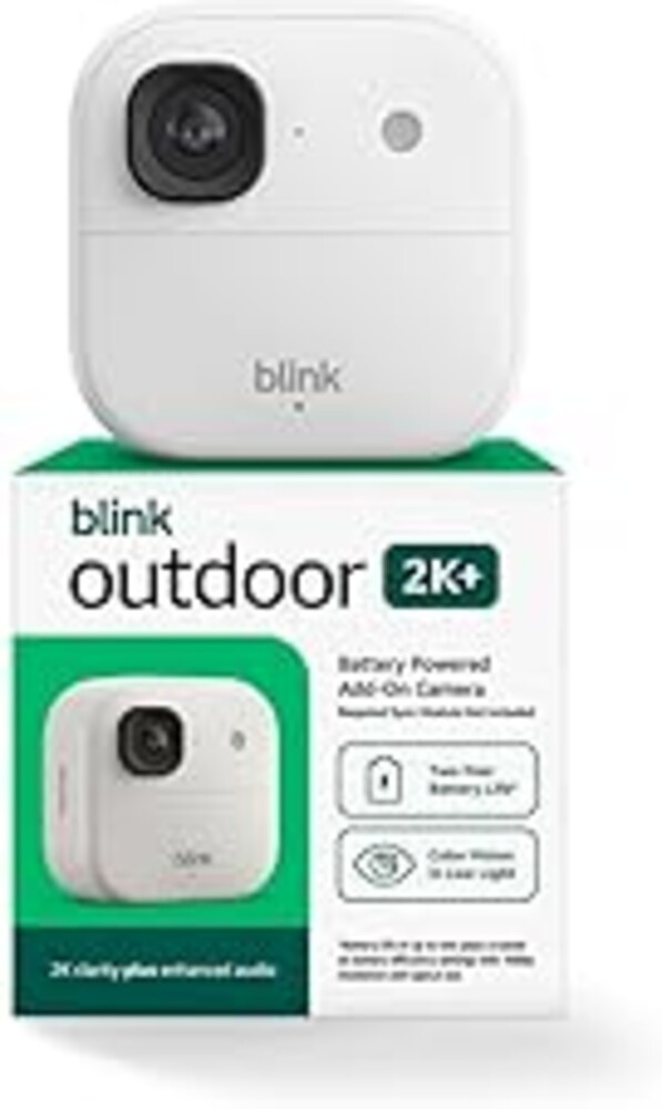 Blink Outdoor 2K+ (newest model) — Wireless smart security camera, 2K video resolution, enhanced audio, two-year battery. Required Sync Module not included — Add-On (White)